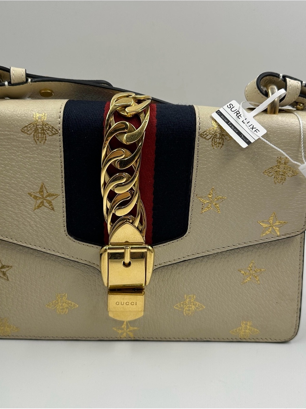 Gucci Beige Leather Shoulder Bag with Gold Hardware and Red-Navy Web